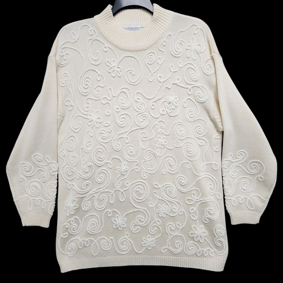 Sweaters - Vintage Outlander Sweater Womens 1X Cream Floral Wool Blend Embroidered Pullover